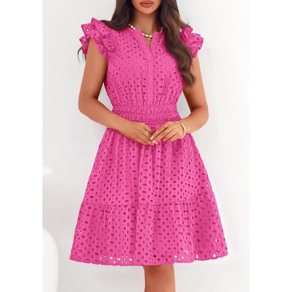 Women's Rose Red V Neck Eyelet Cap Sleeve Summer Beach Vacation Sundresseses - Picture 3 of 8